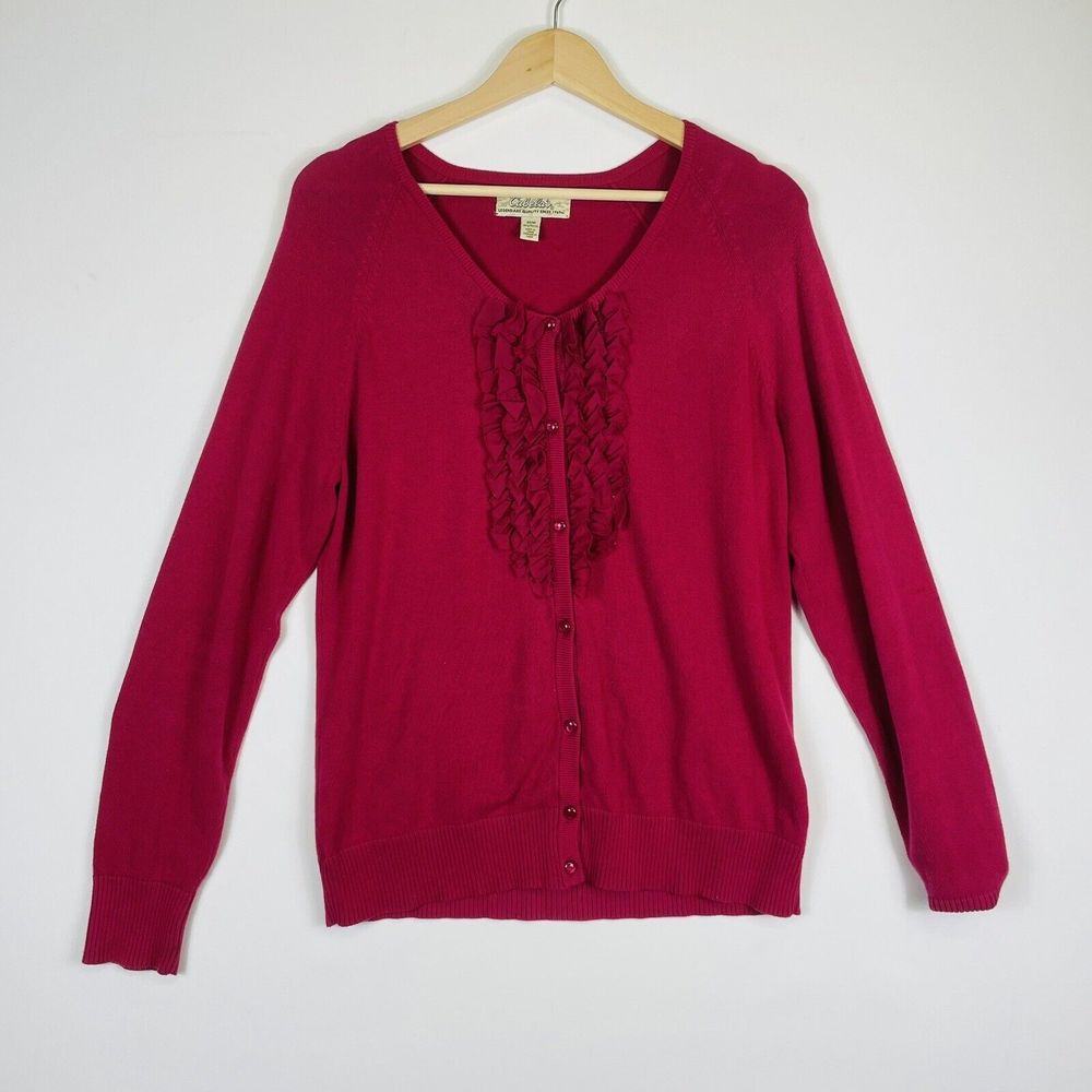 Cabela's‎ Outdoors Women Medium Pink Ruffle Cardigan Sweater Feminine Soft Girl
